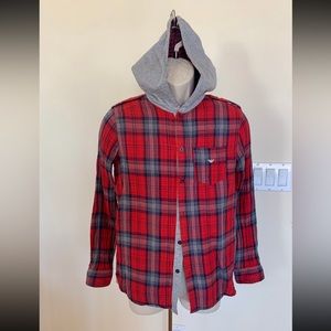 ARMANI JUNIOR Big Boys Teens Hooded Red Check Long Sleeve Button Front Shirt Sz